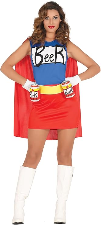 Fiestas GUiRCA Beer Superhero Costume Women's – Alcohol Costume Carnival in Red Blue Including Cape – Superhero Costume Carnival Fancy Dress Halloween Film Party, JGA Women