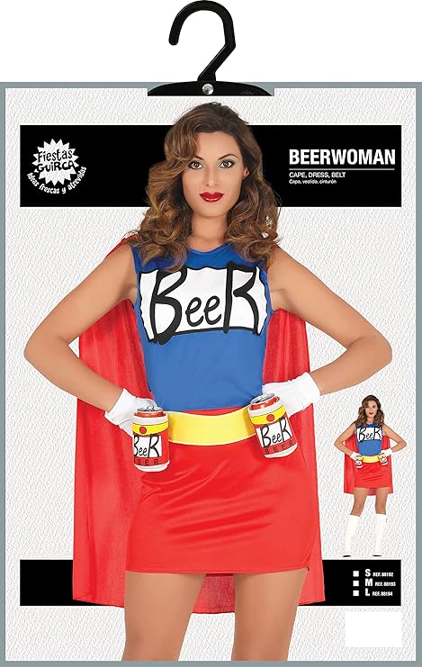 Fiestas GUiRCA Beer Superhero Costume Women's – Alcohol Costume Carnival in Red Blue Including Cape – Superhero Costume Carnival Fancy Dress Halloween Film Party, JGA Women — изображение 5