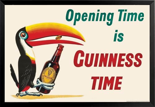 BUY ART FOR LESS Officially Licensed Opening Time Is Guiness Time Vintage Advertising 24 X 36 Inch Framed Poster - 26.6 X 38.5 Inch Finished Size - Sturdy Black Hardwood Frame with Plexi Glass