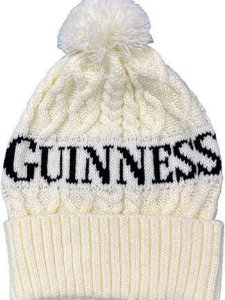 Irish Guiness Bobble Hat for Men and Women Cream Winter Pompon Beanies for Adults 100% Acrylic, White