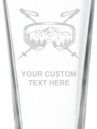 Customized, Ski Goggles 16 oz Pint Beer Glass Premium Engraved Logo Design Permanent Personalized Custom Beverage Glasses Laser Engraving