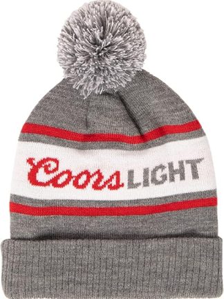 Coors Light Knit Cuff Pom Beanie for Unisex-Adult Grey, Grey and Red, One Size