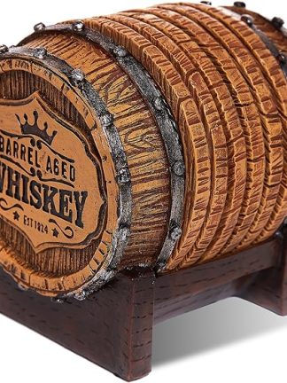 Cabin Obsession Whiskey Barrel Coaster Set – Handcrafted Whiskey Barrel Decor for Whiskey Lovers and Man Cave Gifts for Men - 6 Full Size Whiskey Coasters with Barrel Style Holder for Man Cave Décor