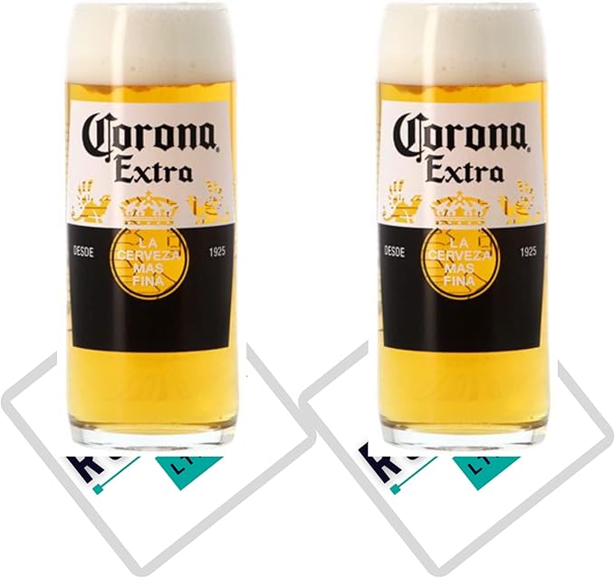 Roxley Corona Extra X2 Pint Glasses Lager Glass with 2 Branded Beer Lids