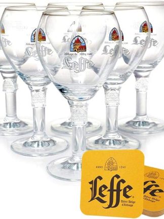 Franziskaner Leffe Beer Glass 0.33 L [Set of 6] with 6 Original Beer Coasters (Beer Mats) - Original Leffe Glasses 0.33 L for Catering and Collection - 33cl Beer Glass - Dishwasher Safe