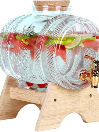 Glass Beverage Dispenser, 1L/3L/5L Ice Drinks Dispenser with Spigot and Wooden Stand, for Parties, Drinks Dispenser, Cold Drink Dispenser for Party, Daily Use, 5L