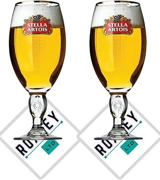 4 x Roxley Stella Beer Glasses 56cl Man Cave Made in the UK + 4 Stella Beer Mats