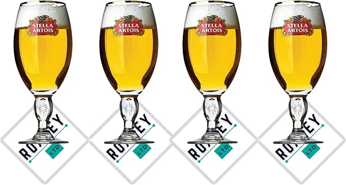 4 x Roxley Stella Beer Glasses 56cl Man Cave Made in the UK + 4 Stella Beer Mats