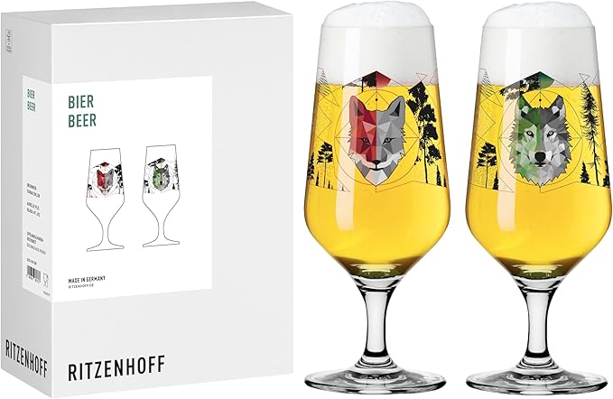 RITZENHOFF 8121001 Beer Glass 330 ml Set of 2 Hunters & Collectors with Wolf Fox Motif Made in Germany
