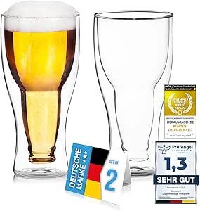 Dimono Double-Walled Beer Glass 0.33 L Inside Out Inverted Beer Bottle in Glass (2 Glasses)