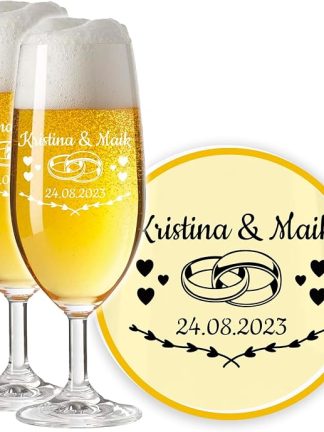 LALALO Leonardo Wedding Beer Glass Gift Set (2 Pieces) Engraved Beer Tulip / Mushroom Cuff with Engraving Personalised as Wedding Gift, Wedding Anniversary, Registry Office (Heart Dance)