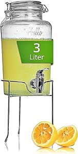 High Quality Drinks Dispenser with Tap and Stand, 3 Litres, Water Dispenser, Glass Carafe for Punch and Cocktails, Glass Lemonade Dispenser, Glass Barrel, Ideal for Outdoor Picnic Parties