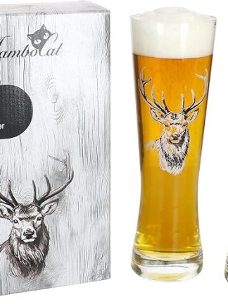 MamboCat Alois Set of 2 Wheat Beer Glasses, Classic Beer Glasses with Stag Motif for Stylish Beer Enjoyment, Gift Packaging Included