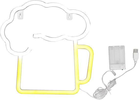 Неоновая вывеска KIMISS в виде пивной кружки — водонепроницаемая, с питанием от USB/батареи, настенное украшение желто-белого цвета, светящаяся в виде пивной кружки, для бара, паба и вечеринки. Простая в установке неоновая вывеска.