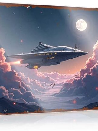 Вывеска FZFN Little Man Cave, инопланетный космический корабль, летящий по облачному ночному небу, жестяная вывеска с полной луной, винтажные металлические вывески, забавные металлические пивные вывески (30 x 40 см)