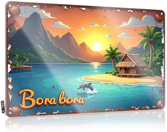 Пивные вывески FZFN, металлические, винтажные, Бора-Бора: Тропический рай с пальмами, горами и дельфинами, жестяная вывеска для спальни, двери, забавная вывеска для комнаты (30 x 40 см)