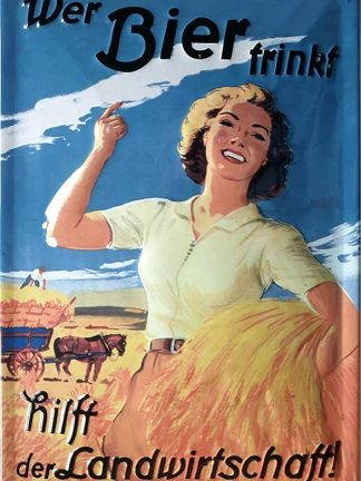 Ещё одна рельефная вывеска: «Здесь каждый, кто пьёт пиво, помогает сельскому хозяйству!» Вывеска для пива, барная вывеска с изображением фермерши в ретро-стиле, высококачественное тиснение, 30 x 20 см.