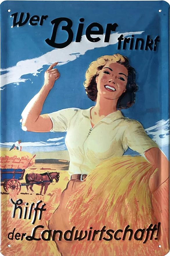 Ещё одна рельефная вывеска: «Здесь каждый, кто пьёт пиво, помогает сельскому хозяйству!» Вывеска для пива, барная вывеска с изображением фермерши в ретро-стиле, высококачественное тиснение, 30 x 20 см.