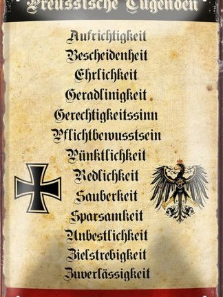 schilderkreis24 Жестяная табличка 20 x 30 см «Прусские добродетели» — винтажная металлическая табличка на старонемецком языке, настенное украшение
