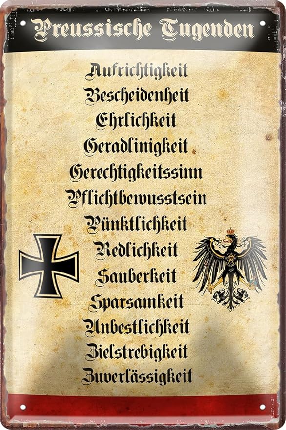 schilderkreis24 Жестяная табличка 20 x 30 см «Прусские добродетели» — винтажная металлическая табличка на старонемецком языке, настенное украшение