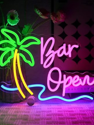 Неоновая вывеска «Бар открыт» с пальмами, светодиодная неоновая вывеска для пивного бара, кофейни, кафе, клуба, магазина, дома, паба, мужской комнаты, летней пляжной вечеринки, бизнеса.