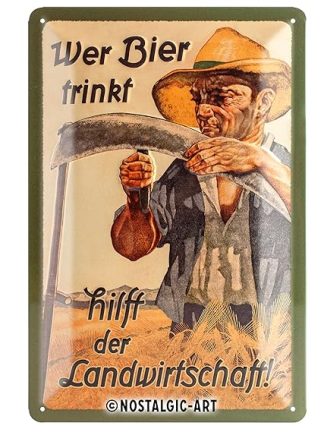 Винтажная жестяная табличка в ностальгическом стиле с надписью «Тот, кто пьет пиво, помогает сельскому хозяйству». Различные размеры, разноцветная, средний размер.