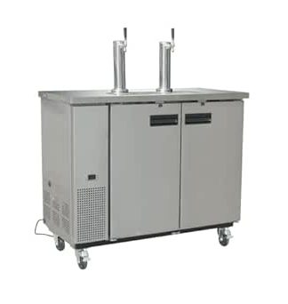 Диспенсер для кегового пива Polar Refrigeration G-серии мощностью 250 Вт с прямым розливом и 2 кранами, нержавеющая сталь, вмещает 2 полубочковых кега, класс энергоэффективности C - включает кран, линию подачи CO2, тройник и соединитель для кегов типа A, GE633.