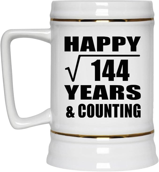 Подарки от Designsify, Счастливой 12-й годовщины! Квадратный корень из 144 лет и далее! Керамическая кружка-бокал объемом 22 унции с ручкой для заморозки — для дня рождения, Рождества, Дня матери, Дня отца и вечеринки.