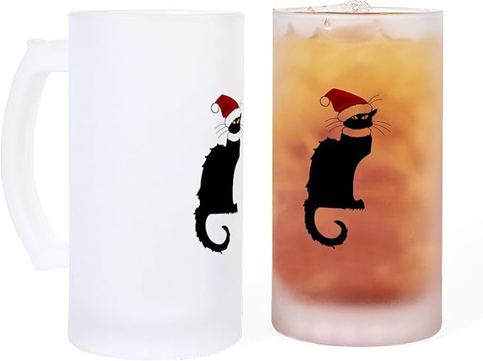 CafePress Рождественская кружка Le Chat Noir с Санта-Клаусом, матовое стекло, 16 унций.