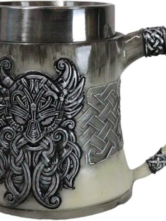 Кружка для кофе Ebros Gift в стиле скандинавской мифологии, с изображением Одина, викинга, гьяллархорна и трискелиона, выполненная из смолы, с внутренней облицовкой из нержавеющей стали, для кухни, домашнего бара.
