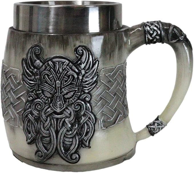 Кружка для кофе Ebros Gift в стиле скандинавской мифологии, с изображением Одина, викинга, гьяллархорна и трискелиона, выполненная из смолы, с внутренней облицовкой из нержавеющей стали, для кухни, домашнего бара.