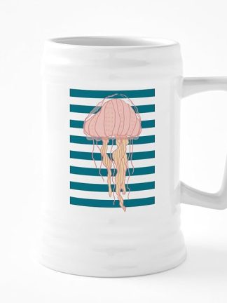 Керамическая пивная кружка CafePress с рисунком медузы в сине-белых полосках, выполненным вручную. Объем 25 унций.