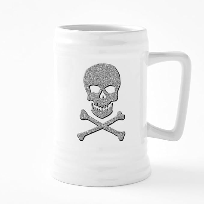 Керамическая пивная кружка CafePress с серебристыми блестками, черепом и скрещенными костями, объемом 25 унций.