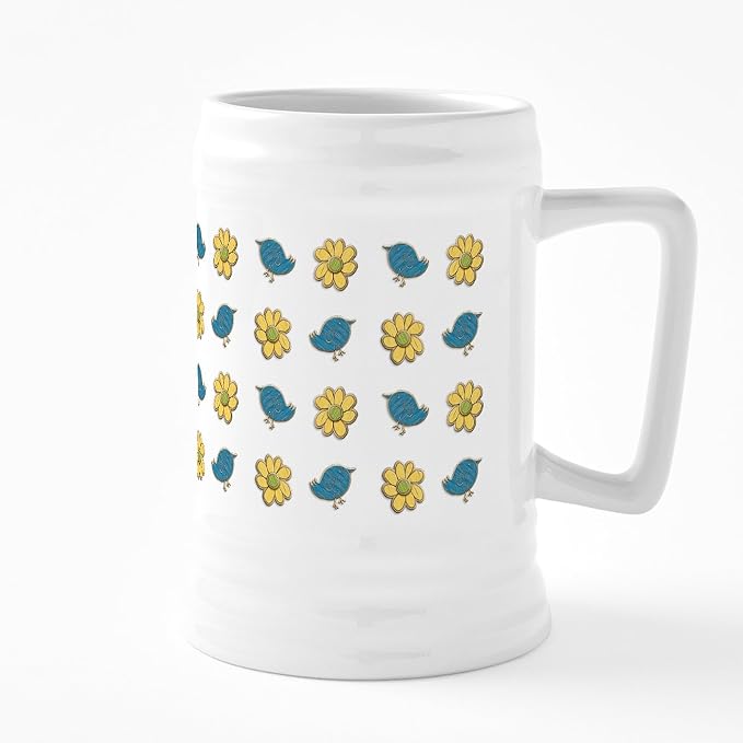 Керамическая пивная кружка CafePress «Синие птицы и желтые цветы» объемом 25 унций.