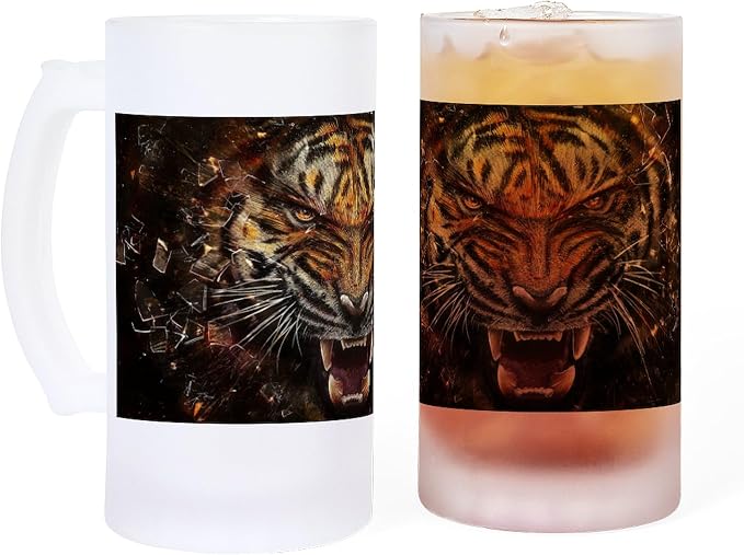 Кружка для пива CafePress Angry Tiger Breaking Through Glass Frosted Stein объемом 16 унций (473 мл) из матового стекла.