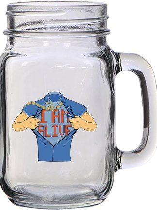 Кружка в виде банки Mason Jar объемом 16 унций (473 мл) в синей рубашке, для вечеринки в стиле видеоигр и фильмов, для пива, чая, свадьбы, помолвки, годовщины, девичника или вечеринки молодоженов (Alive)