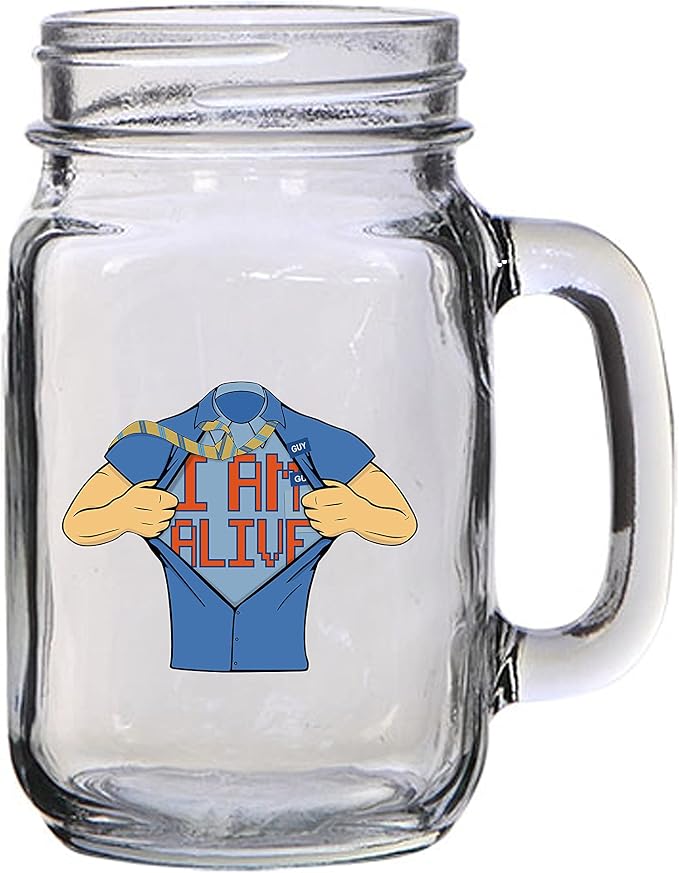 Кружка в виде банки Mason Jar объемом 16 унций (473 мл) в синей рубашке, для вечеринки в стиле видеоигр и фильмов, для пива, чая, свадьбы, помолвки, годовщины, девичника или вечеринки молодоженов (Alive)