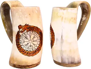 Кружка для напитков Viking Nordic Tankard | Средневековая пивная кружка | Из натурального бычьего рога | Объем 18,22 унции | Уроборос с компасом