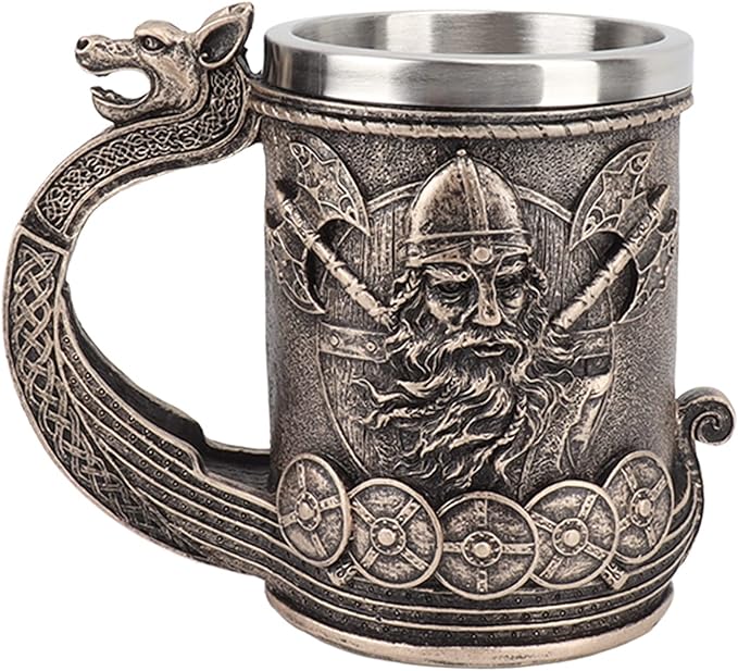 Кружка Viking, пивная кружка Viking, бочонок Viking объемом 24 унции, внутренняя емкость из нержавеющей стали, ручная роспись в стиле ретро, цвет античной бронзы, с внутренней облицовкой из нержавеющей стали 304 для пива и кофе.