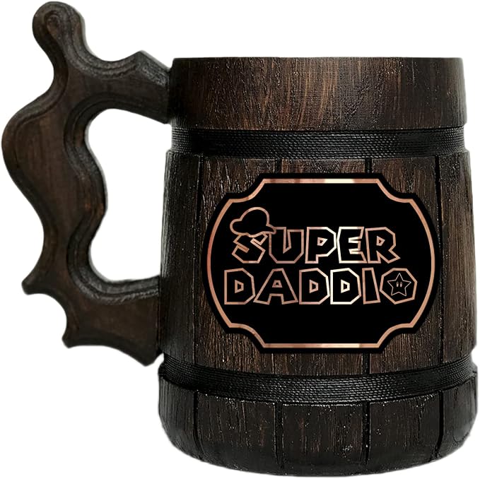 Кружка SUPER DADDIO. Кружка ко Дню отца. Персонализированный подарок для папы. Деревянная пивная кружка. Пивной кубок. Подарок папе. Пивные кружки #938/0.6L /22 унции