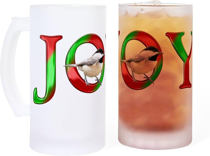 Кружка для пива CafePress Christmas Joy Chickadee Frosted Stein объемом 16 унций (473 мл) из матового стекла.