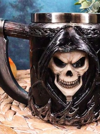 Кружка для кофе Ebros Gift Death Grim Reaper с ручкой в виде косы, посвященная Дню мертвых, с изображением скелета, черепа и пивной кружки, объемом 14 унций.