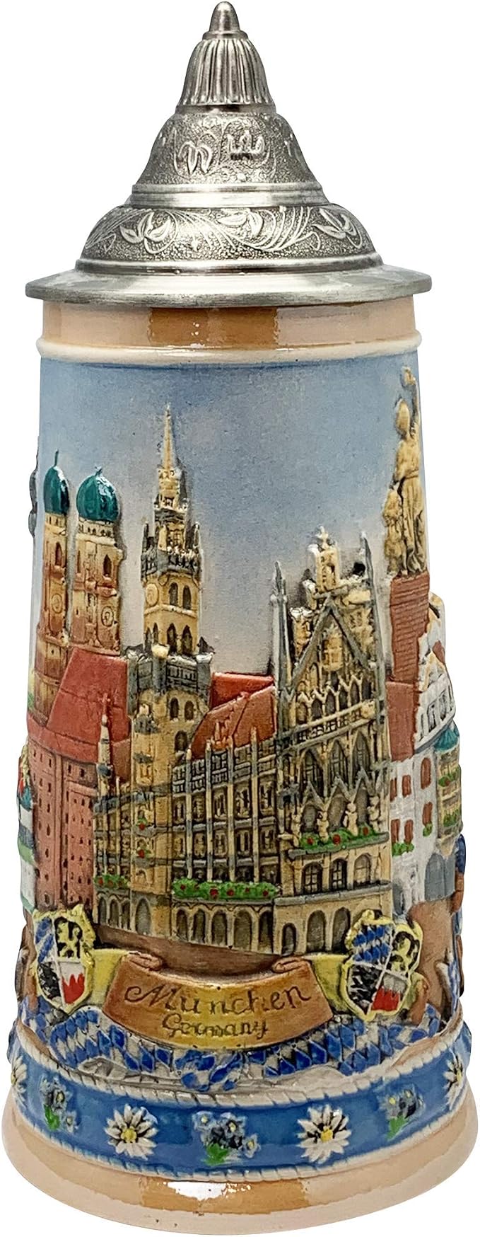 0,7 литра | Кружка OktoberfestHaus с немецкими мотивами: Мюнхен, эдельвейс и рабочие лошади. Кружка с гравировкой и крышкой. Сувенир и пивная кружка Oktoberfest.