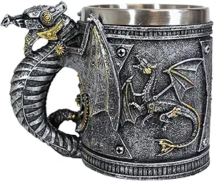 Ebros Gift Steampunk Nightcrawler Silver Firewheel Cyborg Dragon Beer Stein Tankard Coffee Cup Mug Dungeons And Dragons Industrial Sci Fi Mugs