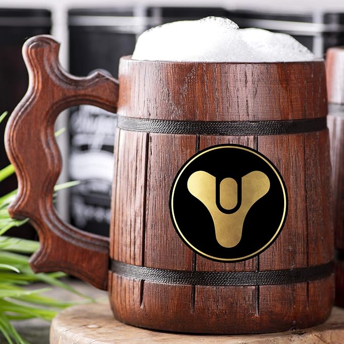 Пивная кружка Destiny Tricorn. Персонализированная деревянная пивная кружка. Кружка для геймера Destiny. Деревянная кружка-бокал. Подарок для него. Деревянная пивная кружка в подарок для геймера. Подарок для мужа, парня. #299/0.6L / 22 унции