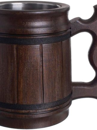 MFC Beer Mug 10 OZ - Coffee Mug - Beer stein - Wooden beer mug - Stainless Steel Cup - Handmade Gifts for Men - Fathers Day, Christmas or Birthday Gift Idea - Men Mug - Classic Brown