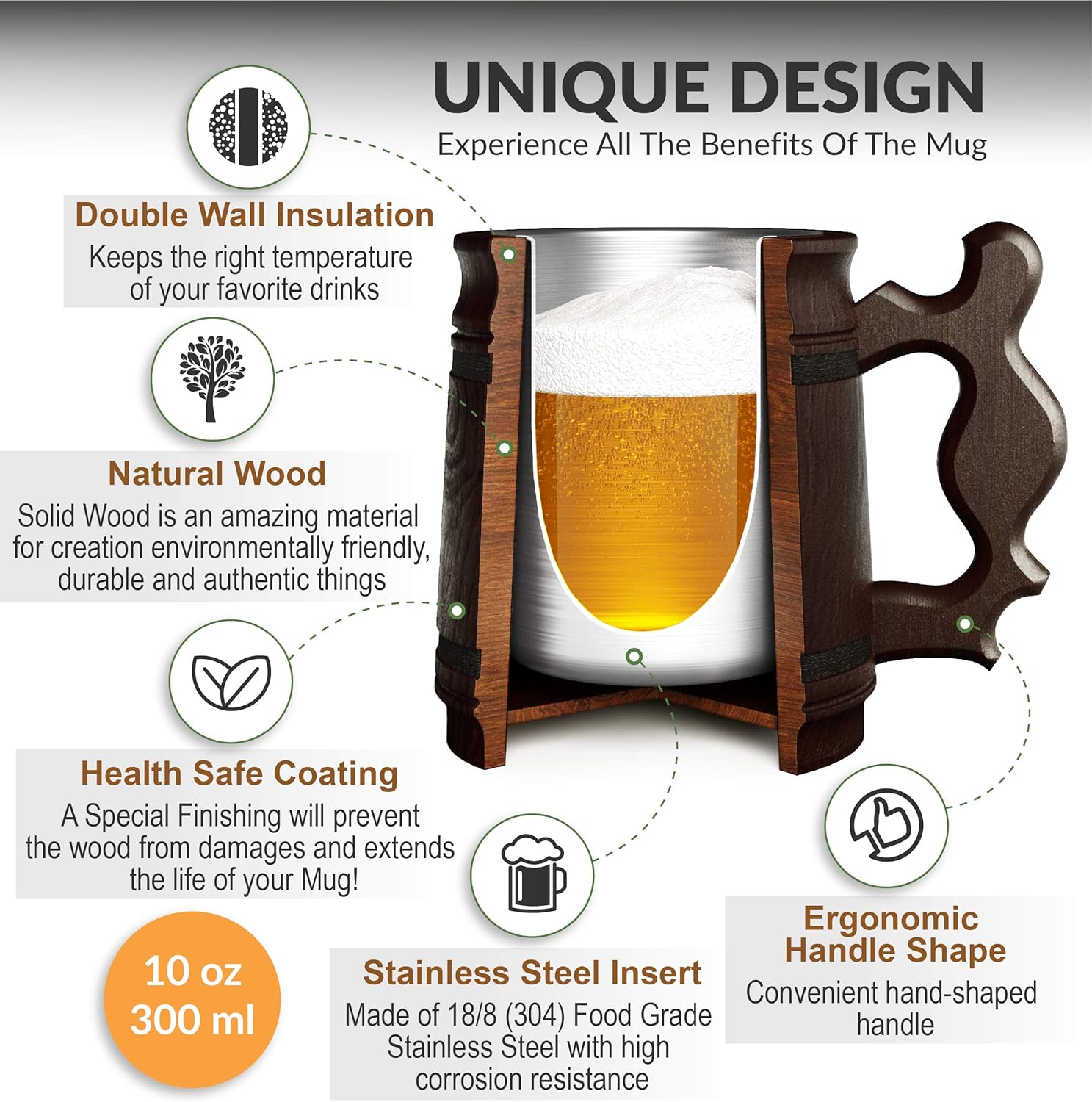 MFC Beer Mug 10 OZ - Coffee Mug - Beer stein - Wooden beer mug - Stainless Steel Cup - Handmade Gifts for Men - Fathers Day, Christmas or Birthday Gift Idea - Men Mug - Classic Brown — изображение 2