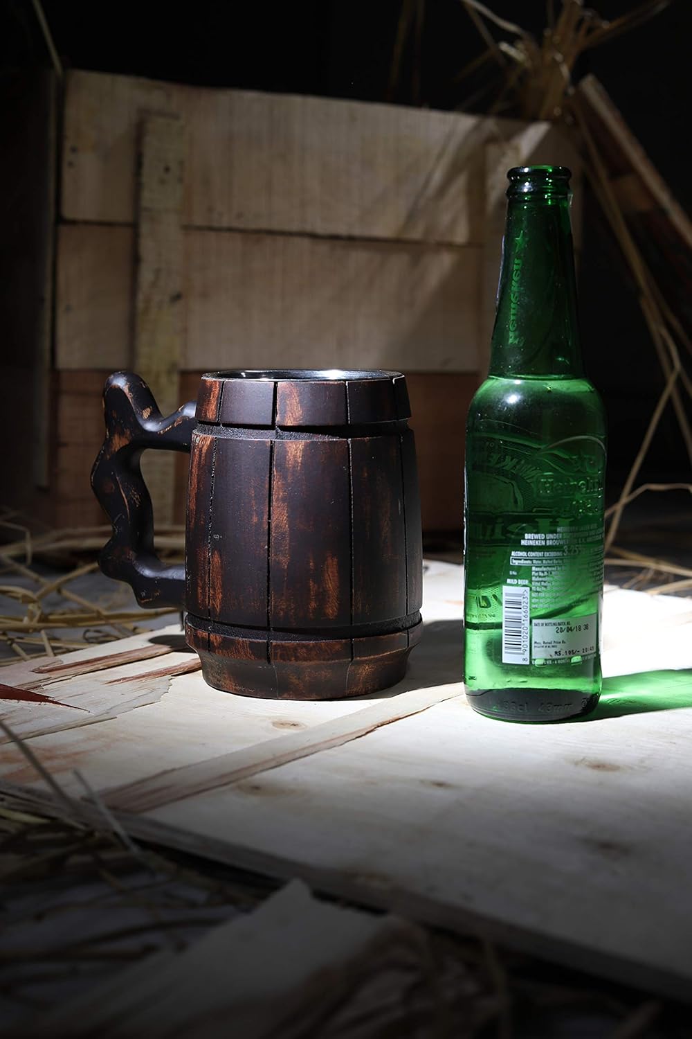 GoCraft Handmade Wooden Beer Mug with 18oz Stainless Steel Liner – Rustic Barrel Tankard for Men – Vintage Burnt Wood Beer Stein – Classic Pub Mug – Unique Beer Gift Idea – Barware Accessories — изображение 3