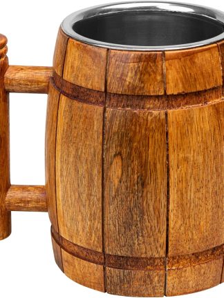 GoCraft Wooden Beer Mug with Stainless Steel Cup – 18oz Handmade Beer Stein Tankard – Rustic Barrel Style Beer Mug for Men – Vintage Pub Mug & Bar Accessories – Great Gift Idea
