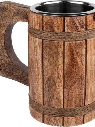 GoCraft Wood Beer Stein – 18oz Stainless Steel Cup – Viking Tankard Mug for Men – Handcrafted Medieval Style Drinking Mug – Great Gift Idea for Him, Home Bar, Father’s Day, Birthday